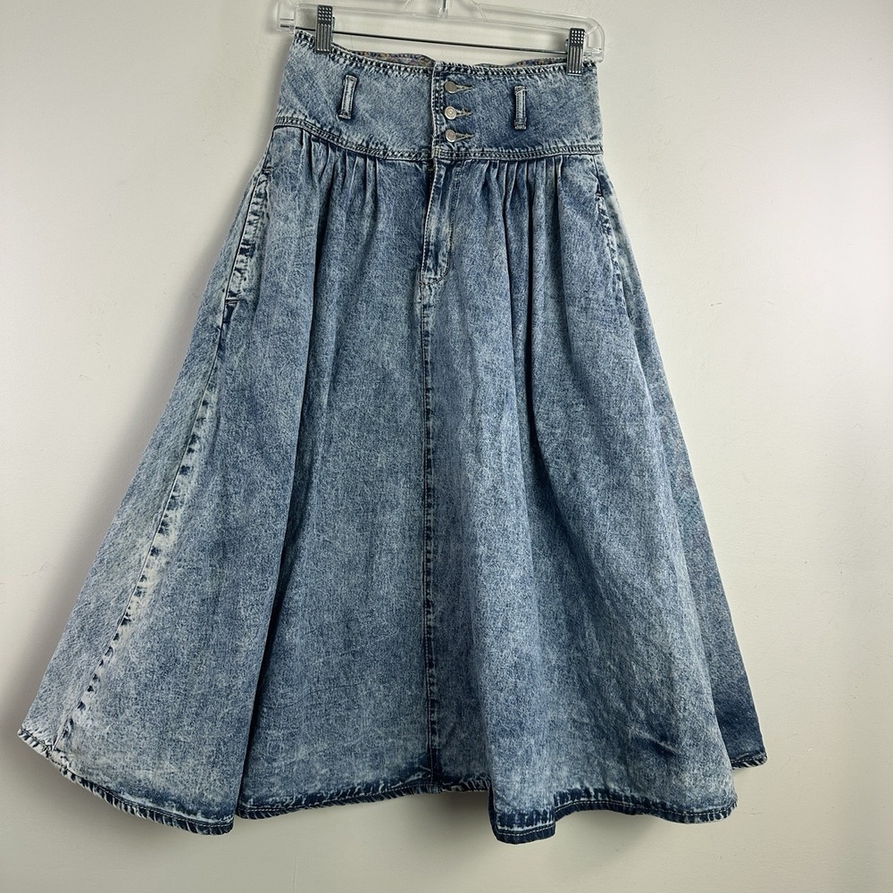 Vintage Gitano Express Skirt Acid Wash High Drop Waist Pleated Pockets Sz 9/10